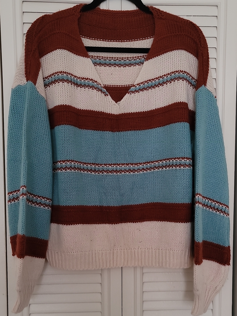 SHEIN Rust, Sky Blue & Cream Striped V-Neck Knit Sweater
